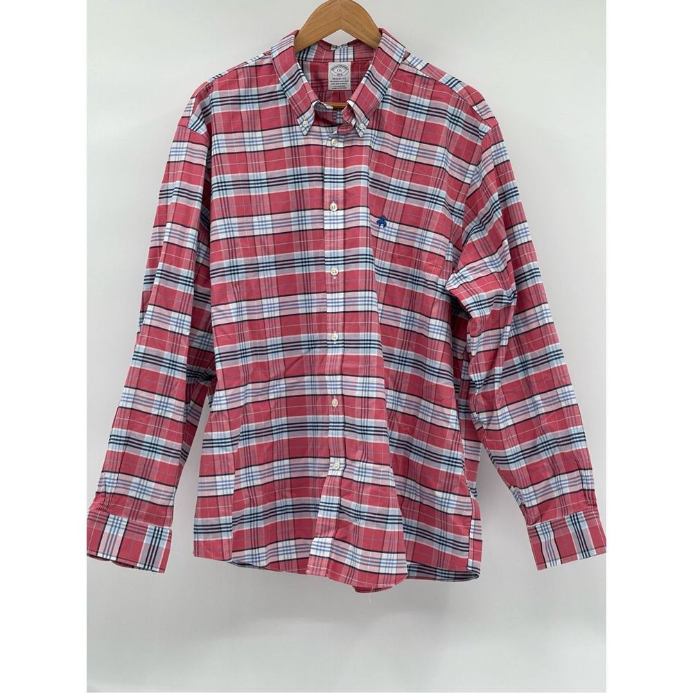 Brooks Brothers Button Down Shirt Regent Plaid Men Size XXL Red Blue Long Sleeve